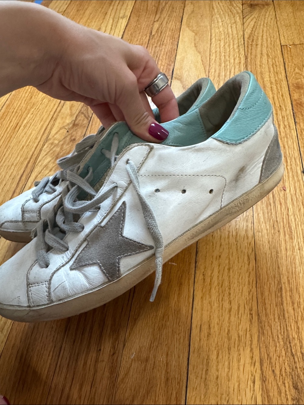 Golden Goose White Leather Sneakers with Light Gray Laces and Mint Green Heel